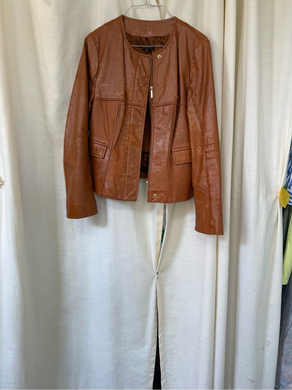 Women’s Cognac Faux Leather Collarless Jacket